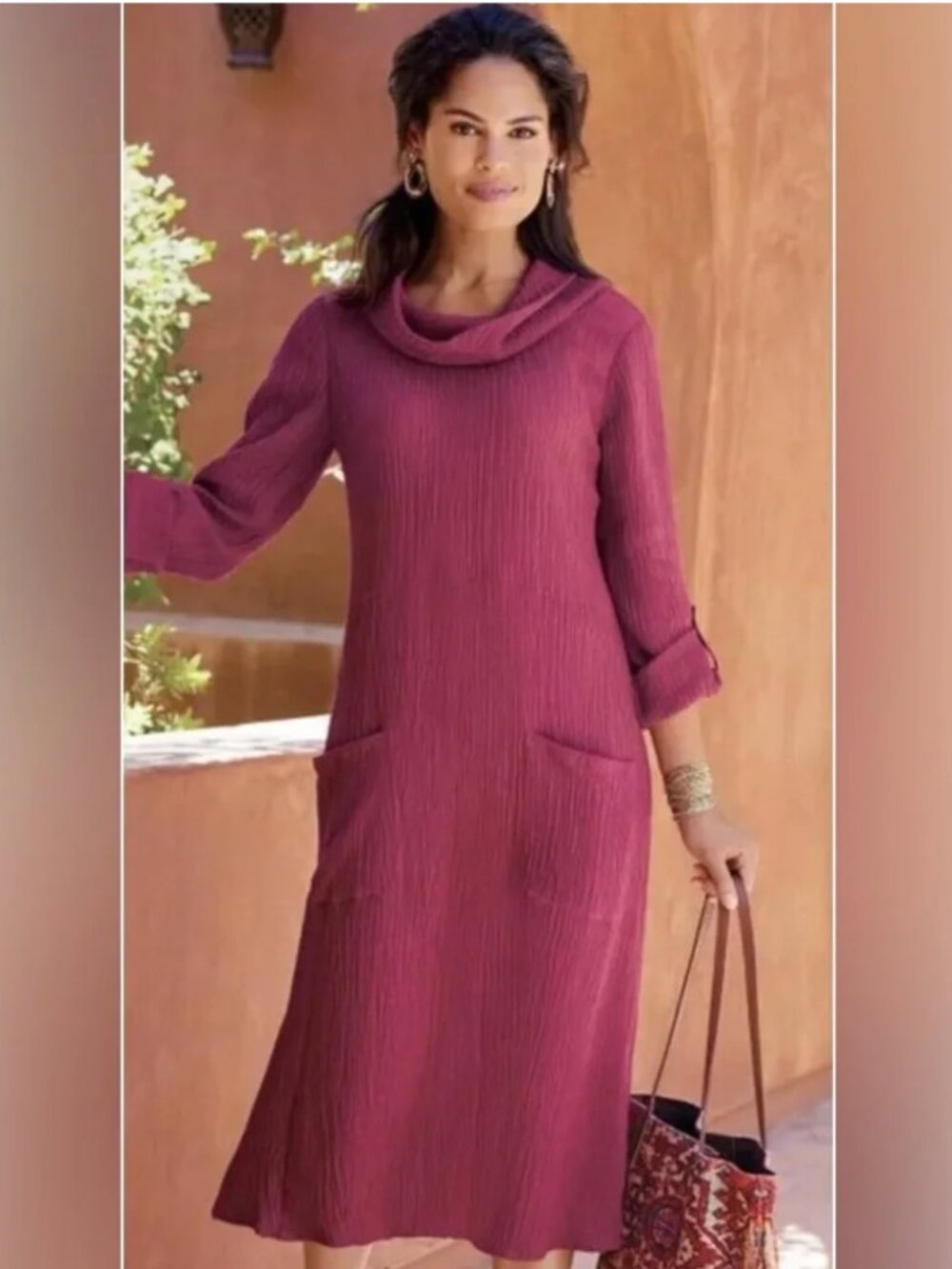Soft Surroundings Everly Gauze Cowl Neck Midi Dress in Berry - NWT